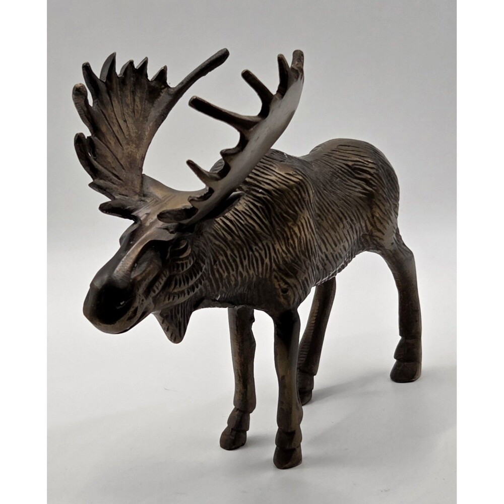 VTG Brass Bull Moose Figurine 5x6.25 Made In India Sticker Cabin Lodge Decor